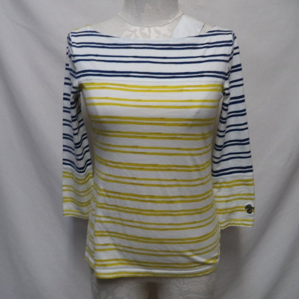 Tory Burch knit Striped top blouse blue Embroidered Logo 3/4 slv Size Small Sm S